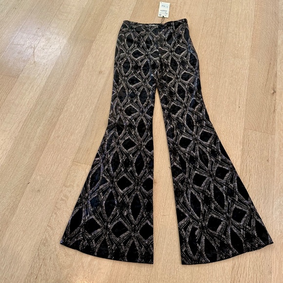ZARA Velvet Glitter Geometric Flared Pants — Black & Taupe/Silver — XS — NWT - Picture 2 of 13
